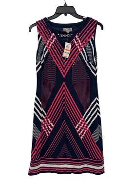 JM Collection Petite Pink & Navy Sleeveless Printed Dress With Chain Accent P/S